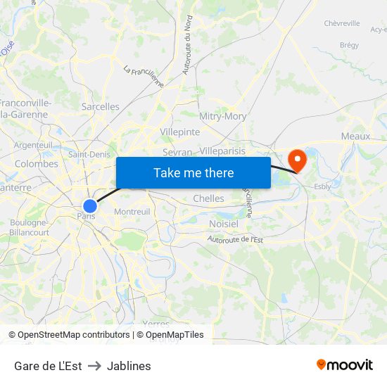 Gare de L'Est to Jablines map