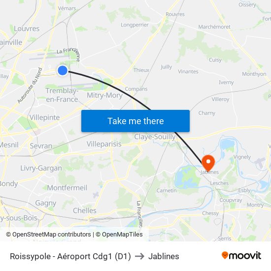 Roissypole - Aéroport Cdg1 (D1) to Jablines map