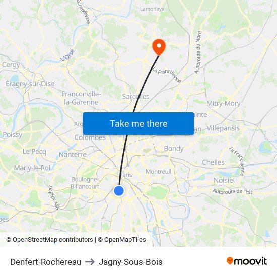 Denfert-Rochereau to Jagny-Sous-Bois map