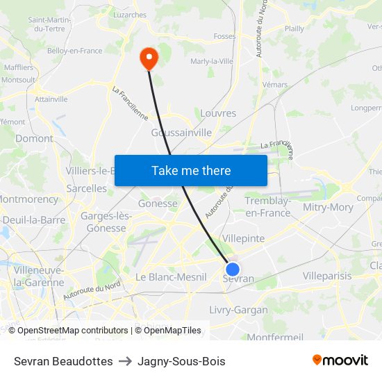 Sevran Beaudottes to Jagny-Sous-Bois map