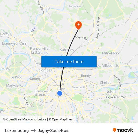 Luxembourg to Jagny-Sous-Bois map