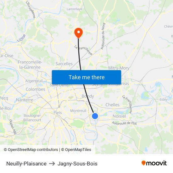 Neuilly-Plaisance to Jagny-Sous-Bois map