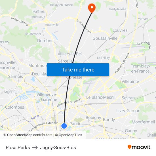 Rosa Parks to Jagny-Sous-Bois map