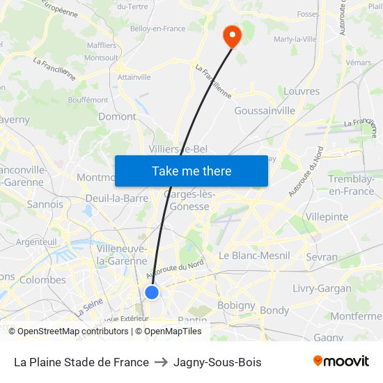 La Plaine Stade de France to Jagny-Sous-Bois map