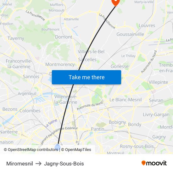 Miromesnil to Jagny-Sous-Bois map