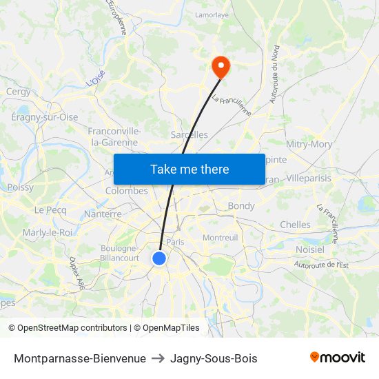Montparnasse-Bienvenue to Jagny-Sous-Bois map