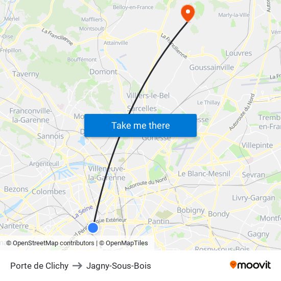 Porte de Clichy to Jagny-Sous-Bois map
