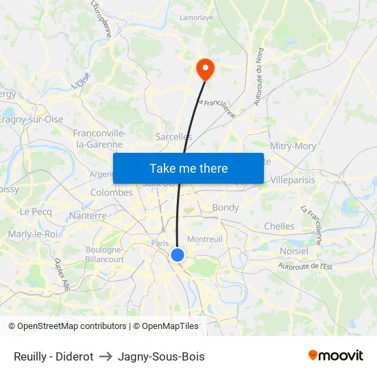 Reuilly - Diderot to Jagny-Sous-Bois map