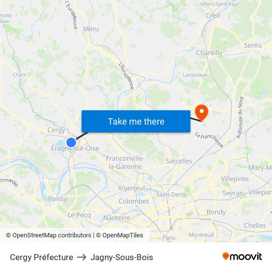 Cergy Préfecture to Jagny-Sous-Bois map