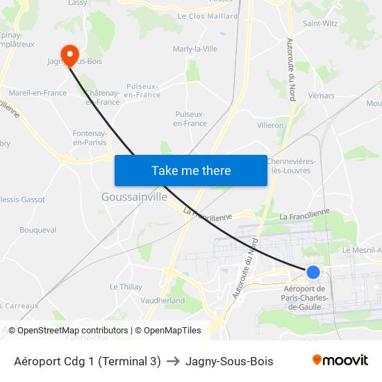 Aéroport Cdg 1 (Terminal 3) to Jagny-Sous-Bois map