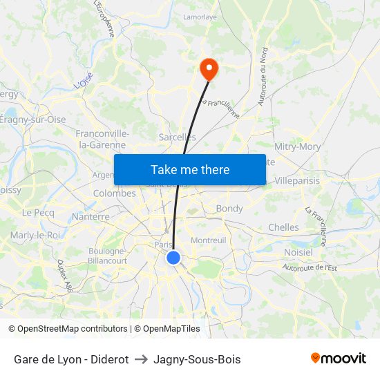 Gare de Lyon - Diderot to Jagny-Sous-Bois map