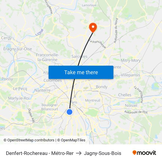 Denfert-Rochereau - Métro-Rer to Jagny-Sous-Bois map