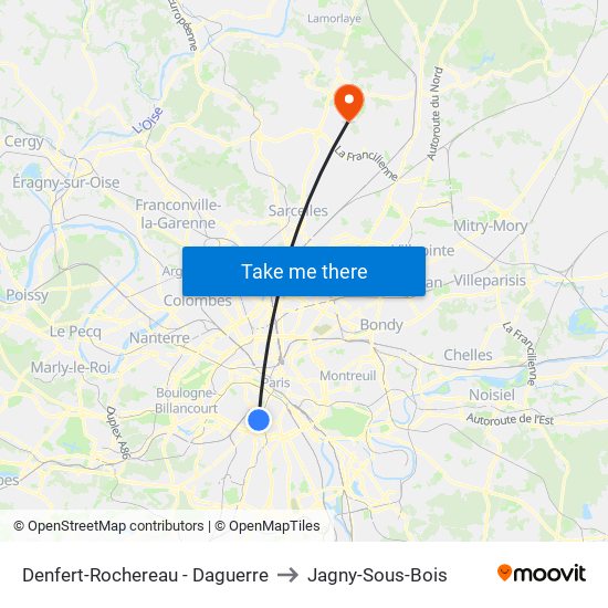 Denfert-Rochereau - Daguerre to Jagny-Sous-Bois map