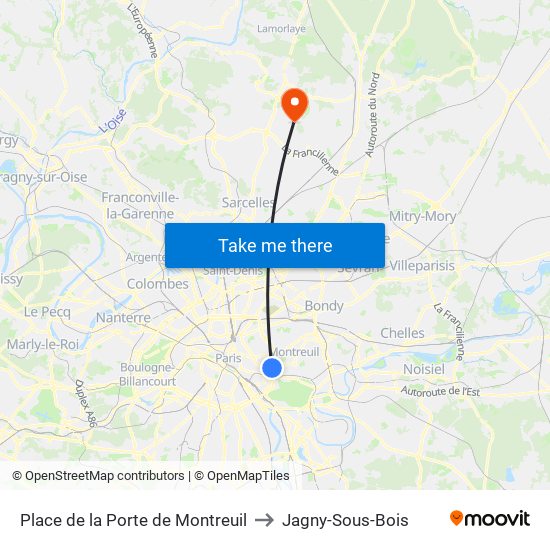Place de la Porte de Montreuil to Jagny-Sous-Bois map