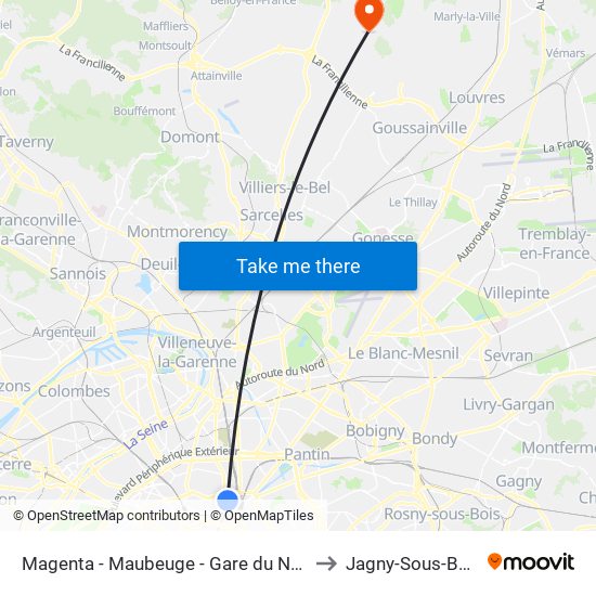 Magenta - Maubeuge - Gare du Nord to Jagny-Sous-Bois map