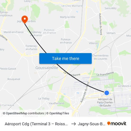 Aéroport Cdg (Terminal 3 – Roissypôle) to Jagny-Sous-Bois map