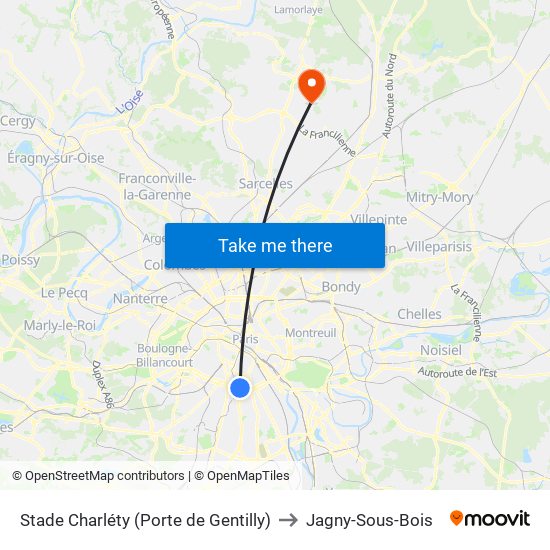 Stade Charléty (Porte de Gentilly) to Jagny-Sous-Bois map