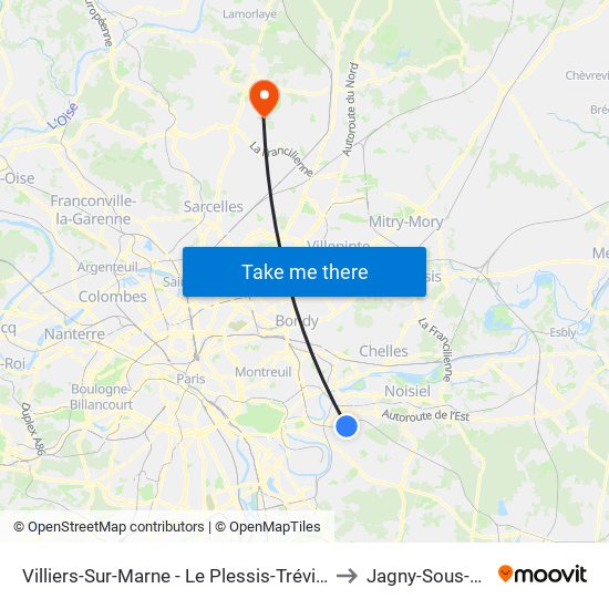 Villiers-Sur-Marne - Le Plessis-Trévise RER to Jagny-Sous-Bois map