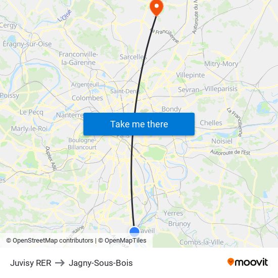 Juvisy RER to Jagny-Sous-Bois map