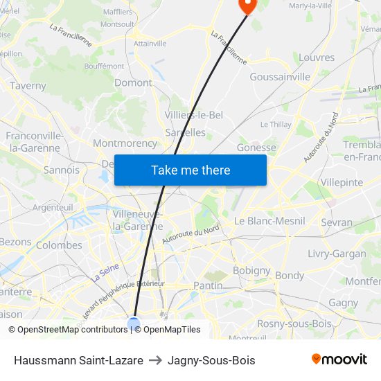 Haussmann Saint-Lazare to Jagny-Sous-Bois map