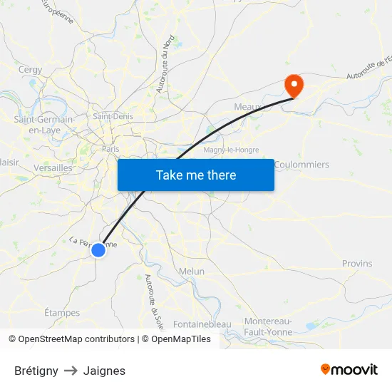 Brétigny to Jaignes map