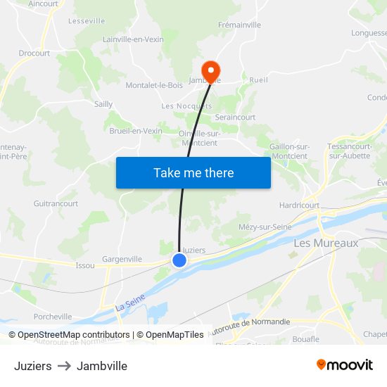 Juziers to Jambville map