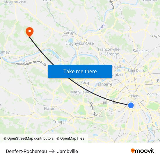 Denfert-Rochereau to Jambville map