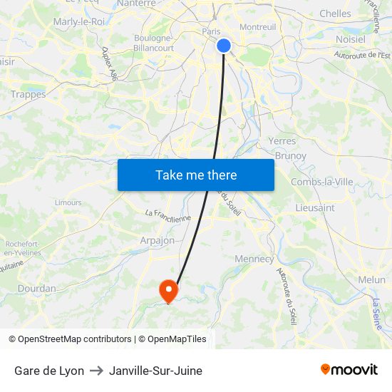 Gare de Lyon to Janville-Sur-Juine map