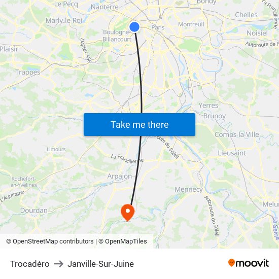 Trocadéro to Janville-Sur-Juine map