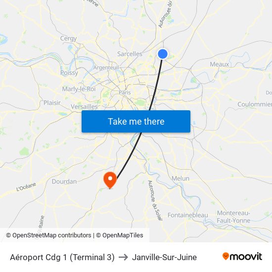 Aéroport Cdg 1 (Terminal 3) to Janville-Sur-Juine map