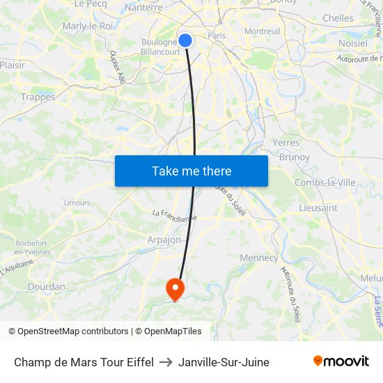 Champ de Mars Tour Eiffel to Janville-Sur-Juine map
