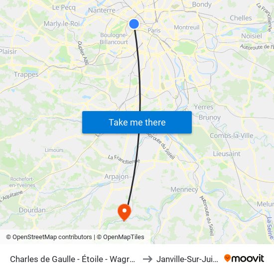 Charles de Gaulle - Étoile - Wagram to Janville-Sur-Juine map