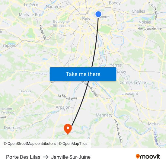 Porte Des Lilas to Janville-Sur-Juine map