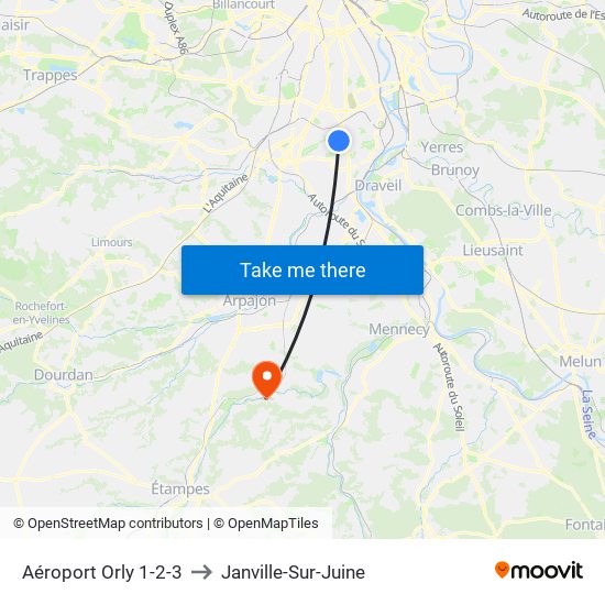 Aéroport Orly 1-2-3 to Janville-Sur-Juine map