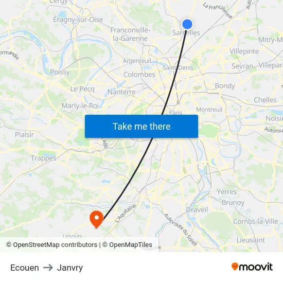 Ecouen to Janvry map