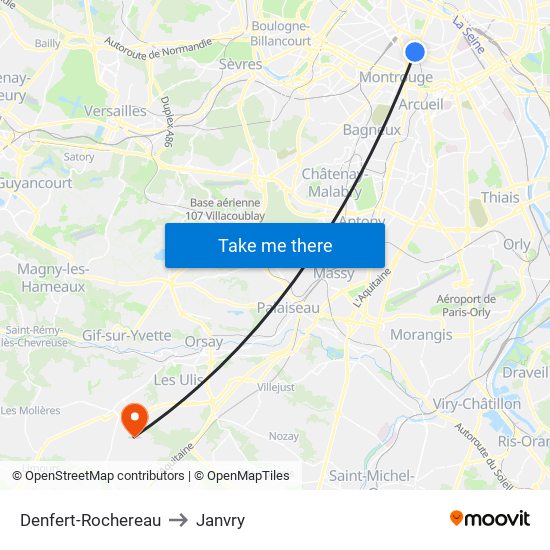 Denfert-Rochereau to Janvry map