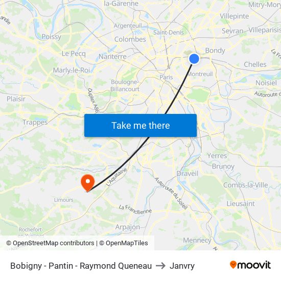 Bobigny - Pantin - Raymond Queneau to Janvry map