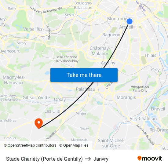 Stade Charléty (Porte de Gentilly) to Janvry map