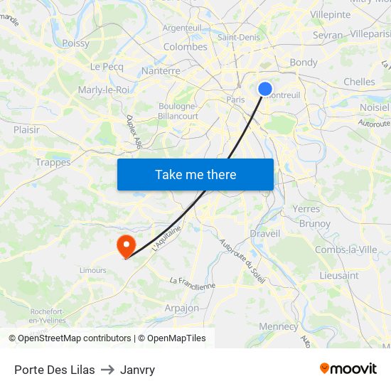 Porte Des Lilas to Janvry map