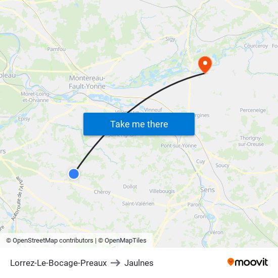 Lorrez-Le-Bocage-Preaux to Jaulnes map