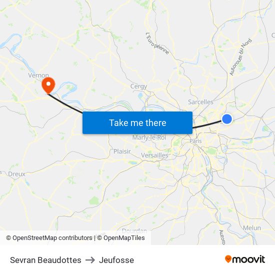 Sevran Beaudottes to Jeufosse map