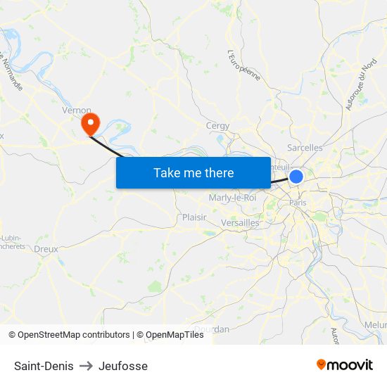Saint-Denis to Jeufosse map