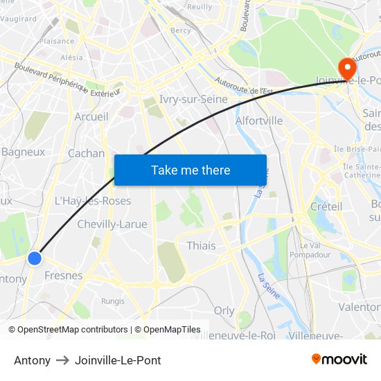 Antony to Joinville-Le-Pont map