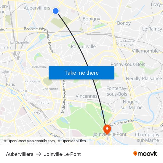 Aubervilliers to Joinville-Le-Pont map