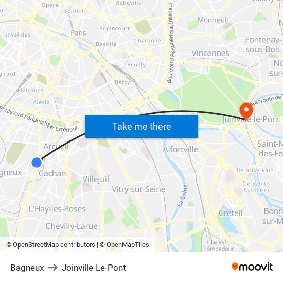 Bagneux to Joinville-Le-Pont map