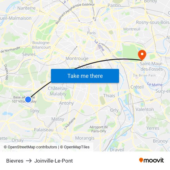 Bievres to Joinville-Le-Pont map