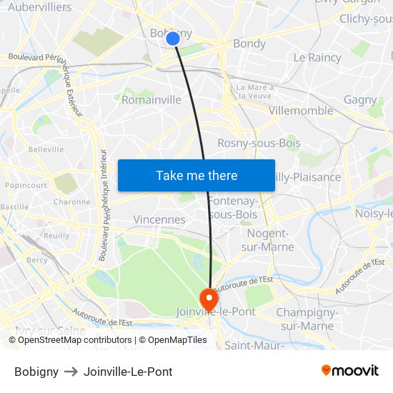 Bobigny to Joinville-Le-Pont map