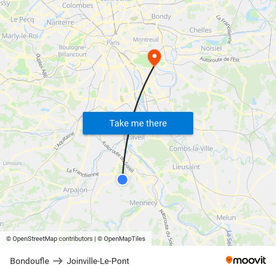 Bondoufle to Joinville-Le-Pont map