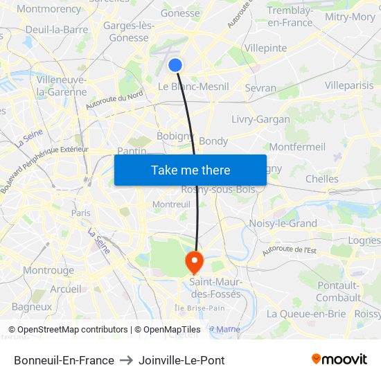 Bonneuil-En-France to Joinville-Le-Pont map