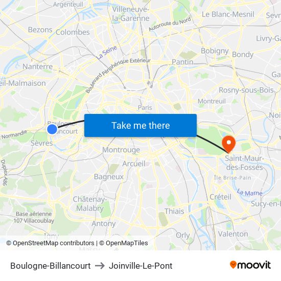 Boulogne-Billancourt to Joinville-Le-Pont map